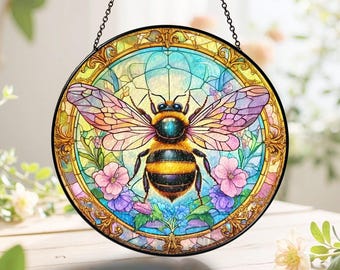Honeybee Glass Suncatcher, Wildflower Garden Decor, Nature-Inspired