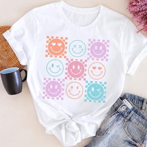 Neon Smiley Face Graphic Tee: Checkerboard Sunshine, Distressed Beach Shirt