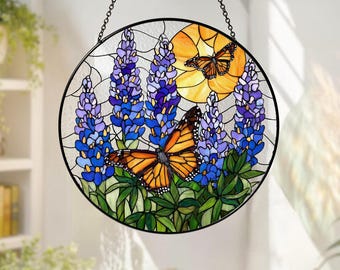 Monarch Butterfly Glass Suncatcher, Lavender Flower Window Hanging