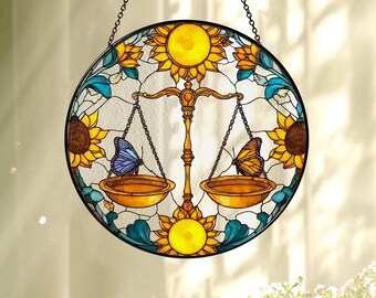 Libra Zodiac Glass Suncatcher, Horoscope Window Decor