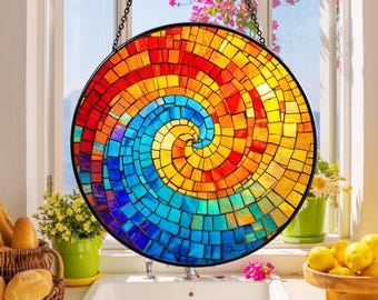 Rainbow Spiral Glass Suncatcher, Rainbow Spiral Mosaic Style, Colorful Spiral Window Hanging, Geometric Home Decor, Church Decoration