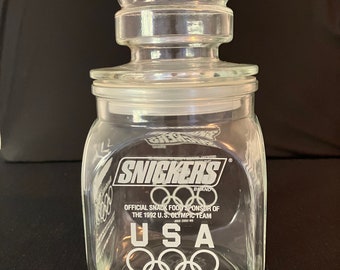 Vintage Snickers '92 Barcelona-Albertville Olympics Clear Glass Apothecary/Candy Jar