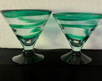 Vintage Set of 2 Mexican Hand Blown Green Swirl Cocktail Glasses