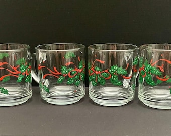 Vintage Set of 4 1990 Anchor Hocking Holly and Bows Glass Mugs.