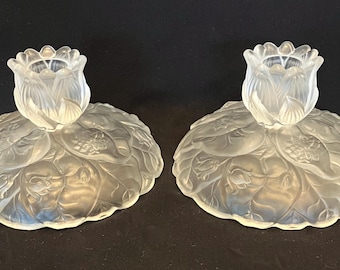 Vintage Set of 2 Fenton Clear Satin Water Lily Candlestick Holders