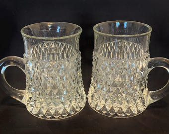 Vintage Set of 2 Indiana Glass Diamond Point Clear Glass Mugs.