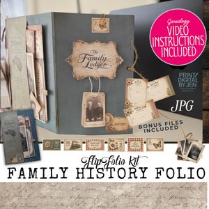 May include: A family history flip folio kit featuring a grey folder labeled The Family Ledger, vintage-style ephemera, birth and death certificates, sepia-toned photographs, and decorative postage stamp graphics with text including Genealogy Video Instructions Included.