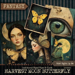 Papiers de journal Harvest Moon Butterfly Junk, impressions numériques de papillons fantaisistes, cartes ATC de journal imprimables avec illustrations surréalistes
