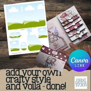 May include: A craft project with a waterfall card and matching envelopes. The card has a landscape design with green hills and blue sky. The envelopes are decorated with heart and couple illustrations. The text "add your own crafty style and voila - done!" is visible.