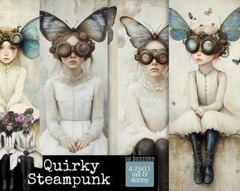 Quirky Steampunk Tall & Skinny JJ Papers, Gear Head Steampunk, Neutral Steampunk Characters, 2 Sizes Card Making, Junk Journals, Digital Art