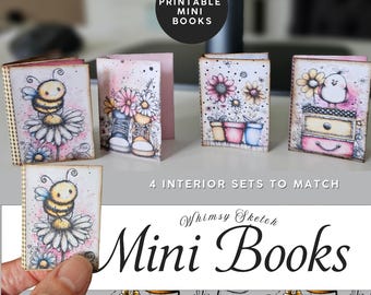 May include: Four miniature printable books with charming illustrations. Each book showcases a unique design, such as a bee on a daisy, flowers with boots, potted flowers, and a bird on a dresser. The text reads "4 Printable Mini Books" and "Mini Books".