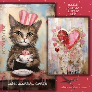 Grunge Valentine Cats, páginas de lixo eletrônico imprimíveis, coisas efêmeras digitais para scrapbooking e criação de cartões, arte felina em tons pastéis caprichosos