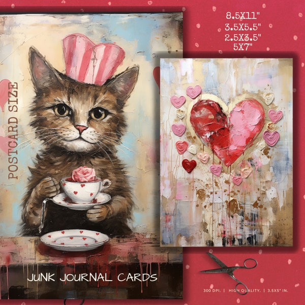 Grunge Valentine Cats, printable junk journal pages, digital ephemera for scrapbooking and card making, whimsical pastel feline art