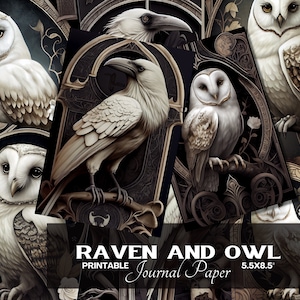 White Raven & Owl Journal Paper, notebook digital paper vintage goth junk journal pages printable half paper instant download