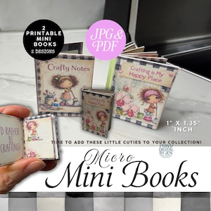 May include: A collection of miniature printable books with charming illustrations. The books, approximately 1 inch by 1.35 inches, feature the phrases "Crafty Notes" and "Crafting is My Happy Place." The design includes a black and white checkered border and cute cartoon characters.