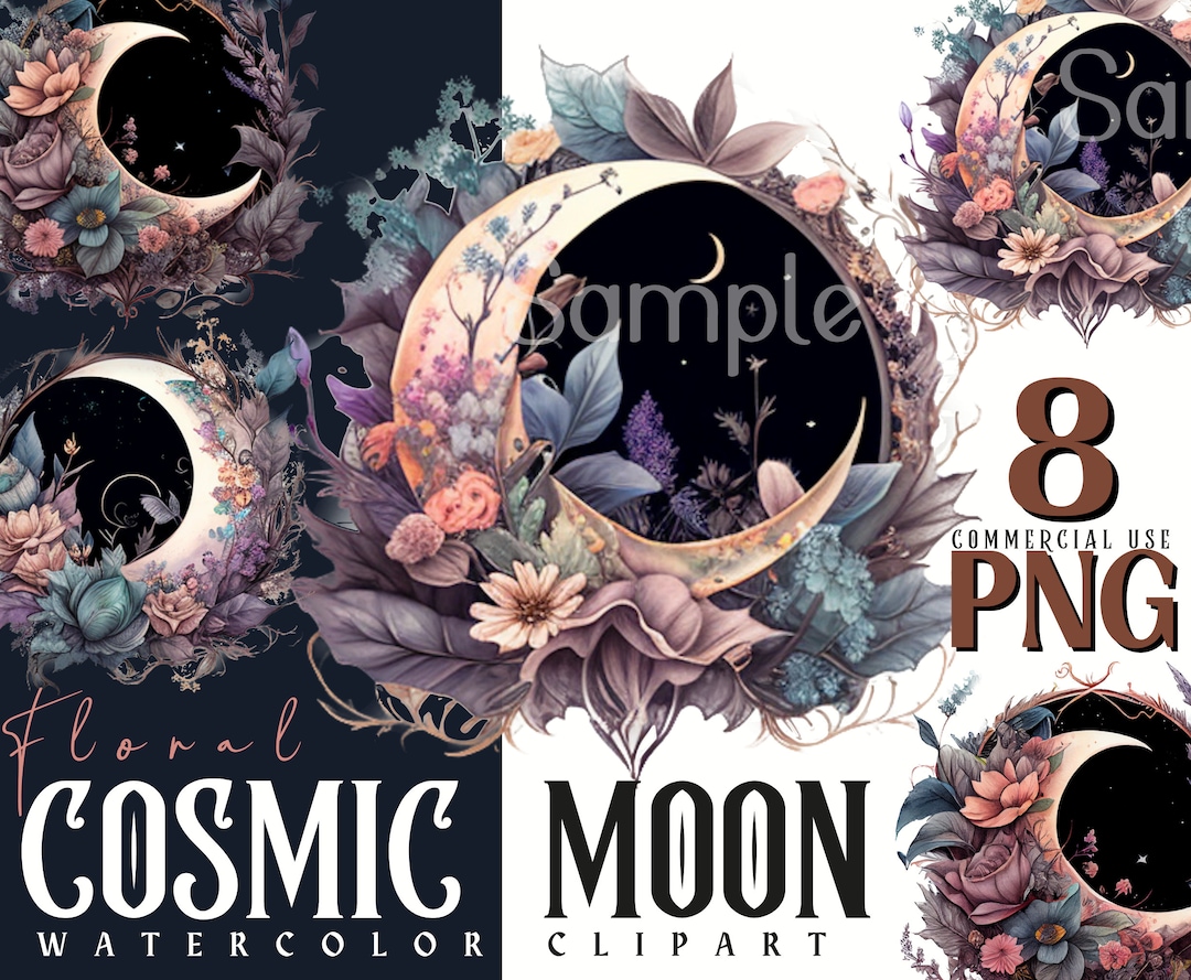 Watercolor Floral Moons Clipart Floral Crescent Moons With Flowers
