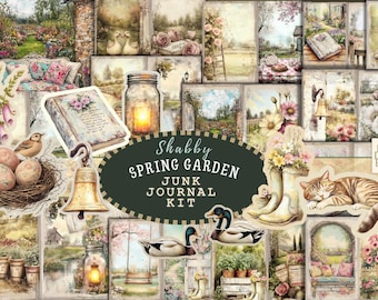 May include: A digital scrapbook kit with a shabby chic spring garden theme. The kit includes images of flowers, birds, a cat, a bell, a book, a jar, and a pair of boots. The text "Shabby Spring Garden Junk Journal Kit" is in the center of the image.