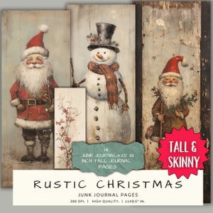 Rustic Vintage Christmas Tall & Skinny Journal Pages, Santa Snowman Junk Journal Kit, Collage, Scrapbooking, Instant Download for Journals