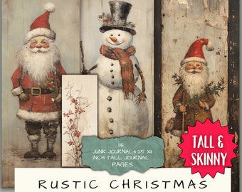 Rustic Vintage Christmas Tall & Skinny Journal Pages, Santa Snowman Junk Journal Kit, Collage, Scrapbooking, Instant Download for Journals