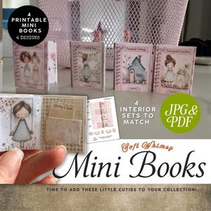 Puede incluir: Una colección de libros imprimibles en miniatura con ilustraciones caprichosas. La imagen muestra cuatro mini libros con diferentes diseños, incluyendo una niña en un columpio y una cabaña. El texto en la imagen dice "Mini Books" y "JPG & PDF".