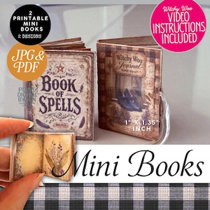 May include: Miniature printable books with vintage-style covers. One book is titled "Book of Spells," and the other is "Witchy Woo Journal." The books measure 1 inch by 1.35 inches. The image includes the text "2 Printable Mini Books 2 Designs" and "JPG & PDF."