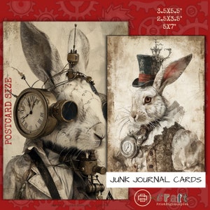 Cartões de diário de lixo de coelho Steampunk Grunge, cartões de diário, páginas de diário de lixo Steampunk, folha de colagem Digi, álbum de recortes mecânico
