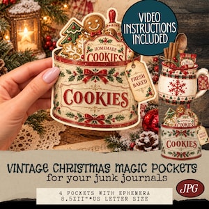 May include: A decorative paper pocket featuring a vintage-style cookie tin illustration with red text reading COOKIES and HOMEMADE COOKIES, accented by holly leaves, red bows, and a gingerbread man, with a tag labeled FRESH BAKED attached.