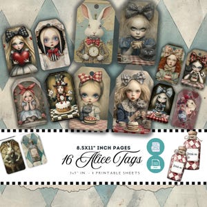 Étiquettes d'Alice au pays des merveilles, étiquettes de journal indésirable, Alice au pays des merveilles, 16 étiquettes imprimables, étiquettes Alice, paquet éphémère de journal indésirable, PDF numérique