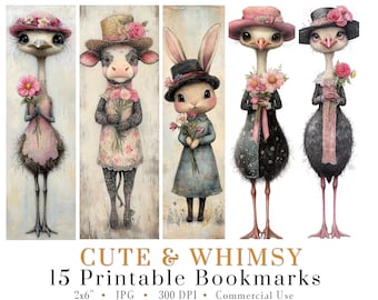 Whimsical Animal Bookmark Set: Cow, Ostrich, Bunny Designs (Digital Download)