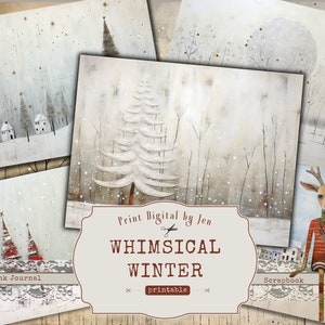 Pages d'art imprimables de Noël fantaisistes, ensemble de papier JPG à téléchargement numérique, papier numérique, arbres d'hiver, arbre de Noël en téléchargement numérique