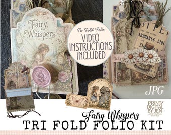 Fairy Whispers Folio Tri Fold Folio Kit, Whimsical Junk Journal Printable Ephemera & Crafts