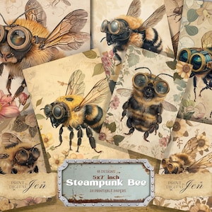 Steampunk Bee vintage junk-dagboekkaarten, tijdschriftpagina's, junk-journaal plakboek collageblad, voorraad ambachtelijk papier kortstondig, digitale download