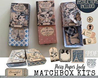 Paris Paper Lady Matchbox Kit Printable, 3 Vintage Junk Journal Printable Craft Kits -  PDF Pages