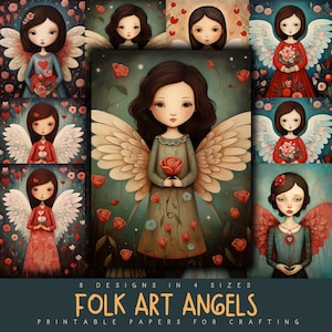 Imprimíveis com tema de anjo de arte popular para diários indesejados, scrapbooking e artesanato DIY, downloads instantâneos para uso pessoal e comercial
