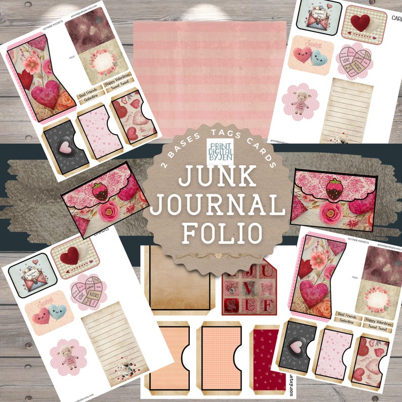 Valentine Junk Journal Folio Kit Digital Valentine Ephemera & Pockets ...