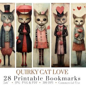 Quirky Watercolor Cat Bookmarks: Valentine&#39;s Day Set (Digital Download)