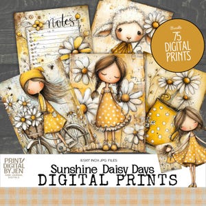 May include: A collection of 75 digital prints titled Sunshine Daisy Days, featuring illustrations of children, a lamb, and daisies in yellow and white tones. The set includes note pages and various character scenes in 8.5x11 inch JPG file formats.