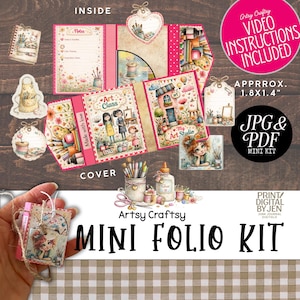 May include: A mini folio kit with a pink and floral theme. The kit includes a variety of illustrated elements, such as a notebook, tags, and a small art studio scene. The text on the kit reads "Artsy Craftsy Mini Folio Kit" and includes video instructions.