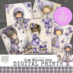 Könnte beinhalten: Eine Sammlung digitaler Drucke mit skurrilen Mädchen in lila Kleidern und Hauben, die Blumen gießen. Die Drucke enthalten den Text "Cute Whimsy Girls DIGITAL PRINTS" und "Bundle 40 DIGITAL PRINTS". Die Bilder sind 21,59 x 27,94 cm JPG-Dateien.