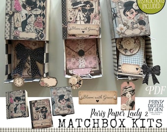 Paris Paper Lady 2 Matchbox Kit, Vintage French Ephemera (Digital Download)