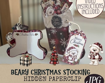 Beary Christmas Hidden Paperclip Illusion Pocket, Teddy Bear Ephemera (Digital Download)