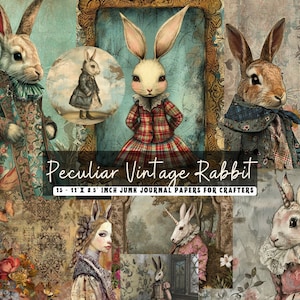 Vintage-Kaninchen zum Ausdrucken, viktorianische Kaninchen-Junk-Journal-Seiten, digitale Collage-Blatt, sofortiger Download, Scrapbooking, AIW-inspiriertes Einhorn