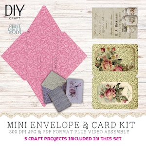Vintage Junk Journal, Mini Envelopes, Shabby Pink Blue, Embellishments, Pocket Letter, Digital Download, Neutral, Printable, Craft Kit Card