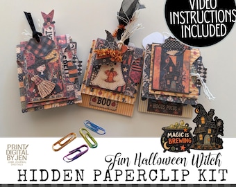 Fun Halloween Witch Hidden Paperclip Kit, Junk Journal Printable, Halloween Ephemera, Digital Download