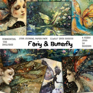 Surreale Feen und Schmetterling Junk Journal Seiten, Fantasy Feen 11x8,5 zoll Papiere für Digitalen Download, Kommerzielle Nutzung Journal Seiten