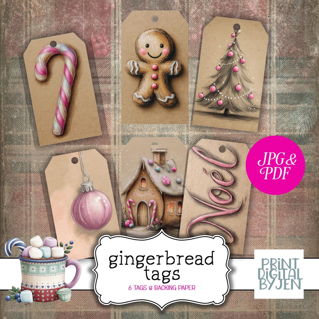 Gingerbread Christmas Gift Tags, Pink Holiday Junk Journal Ephemera JPG ...