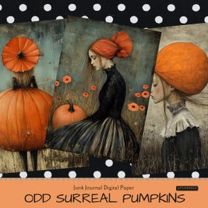 Odd Pumpkin Lady, cartes de journalisation indésirables surréalistes, éphémères imprimables pour le scrapbooking, fournitures de collage, cartes atc à téléchargement numérique, sorcière