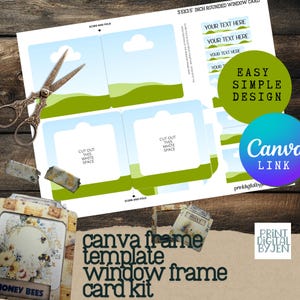 Op de afbeelding: Een witte Canva frame template card kit met een afgerond vensterontwerp. De kaart heeft een blauwe lucht en groene landschapsillustratie. Bevat de tekst "Canva frame template window frame card kit".