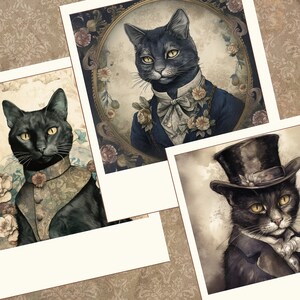 May include: Three black cats in vintage-style portraits. Each cat is wearing a different outfit and has a unique expression. The first cat is wearing a blue suit with a white bow tie and a floral pattern. The second cat is wearing a brown and gold patterned vest. The third cat is wearing a black suit with a white bow tie and a top hat.