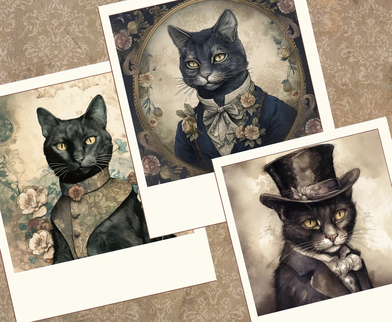 May include: Three black cats in vintage-style portraits. Each cat is wearing a different outfit and has a unique expression. The first cat is wearing a blue suit with a white bow tie and a floral pattern. The second cat is wearing a brown and gold patterned vest. The third cat is wearing a black suit with a white bow tie and a top hat.